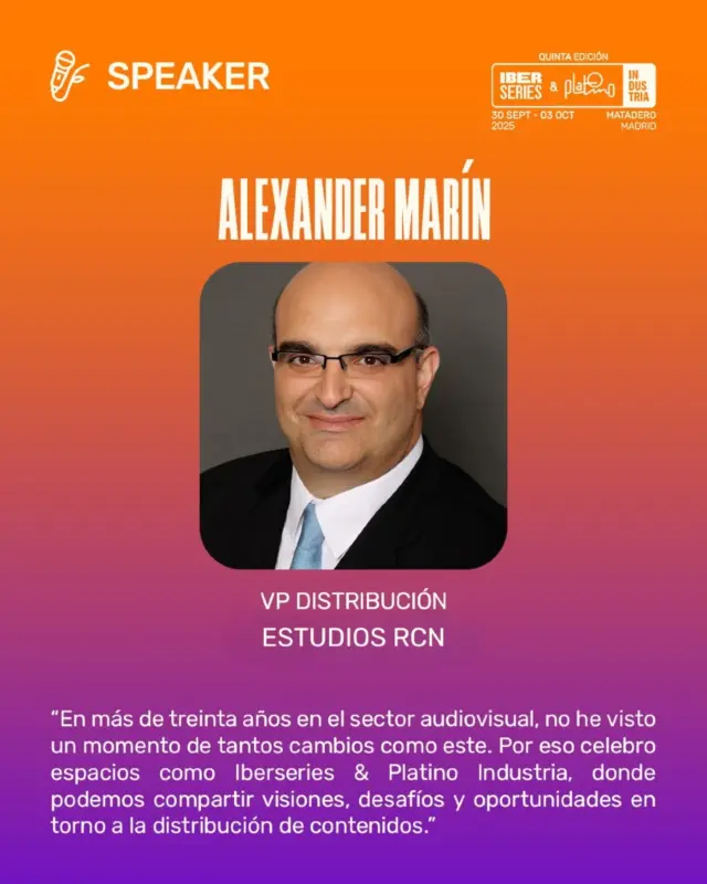 Alexander Marín, VP Distribución en Estudios RCN, participará como speaker en #IberseriesyPlatinoIndustria25

💡Con una amplia trayectoria en el sector audiovisual, compartirá su mirada sobre los retos y oportunidades actuales en la distribución de contenidos.

🌐 Os esperamos del 30 de septiembre al 3 de octubre
📍 Matadero Madrid
🎟 https://iberseriesplatinoindustria.com/acreditaciones/